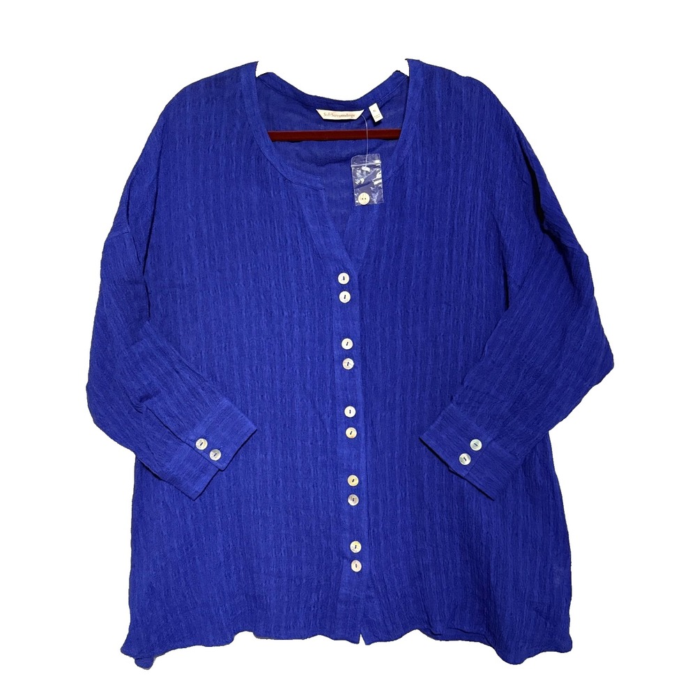 Soft Surroundings Women's Linen Blend Top XL Blue Button Front 3/4 Sleeve Tunic